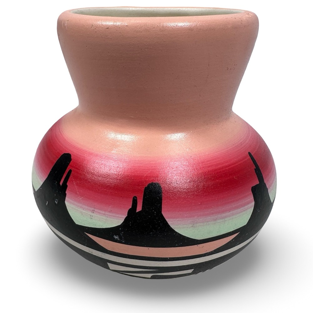 Jean B Navajo Pottery Vase Hand Painted Desert Sunset Mesa Pink Gray 4 inch